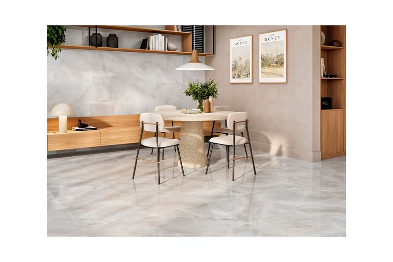 Baldosa 60x60 Muga FD gris ónix mármol brillante Lamosa, ambientación de comedor con piso y pared revestidos