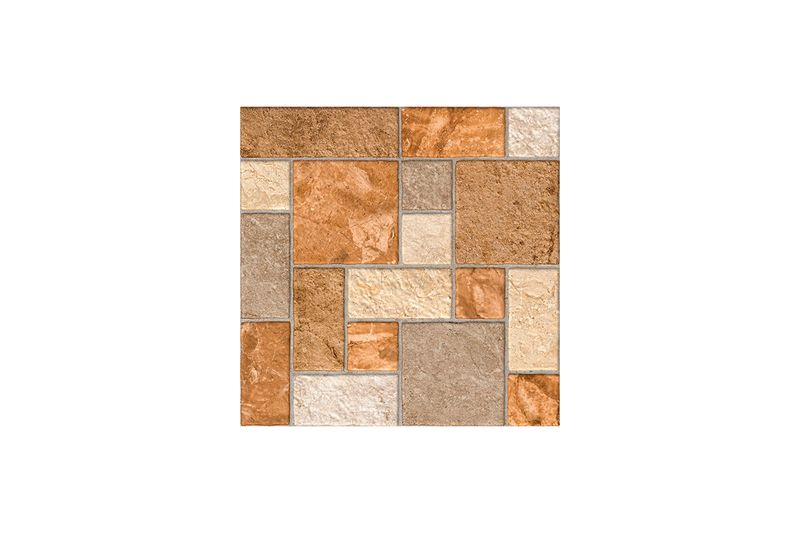 Baldosa 55x55 Donatto Mix Rojo Rústico Mate Lamosa, composición de varias piezas en tonos tierra y crema instaladas
