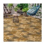 Baldosa 60x60 Aruzha natural piedra mate San Lorenzo, instalada en piso de terraza con silla azul y mesa auxiliar