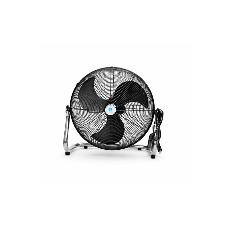 Abanico de piso industrial Nimbus de 20 pulgadas 4950 CFM, vista frontal con rejilla negra y soporte metálico plateado