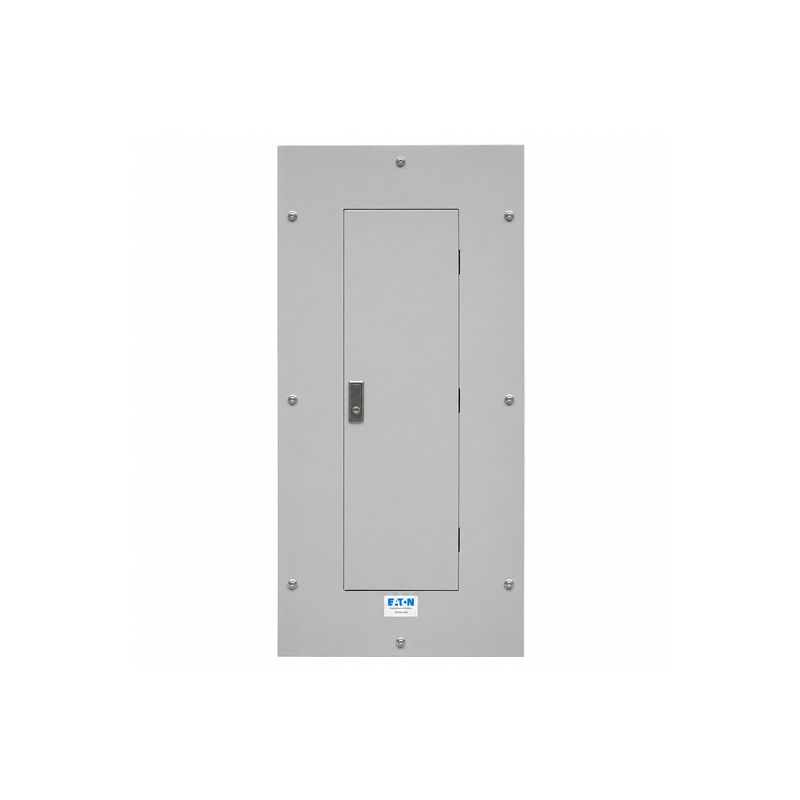 Tablero tipo PRL1X monofásico 42 circuitos 225A PD2 empotrar Eaton, vista frontal del gabinete gris cerrado con cerradura