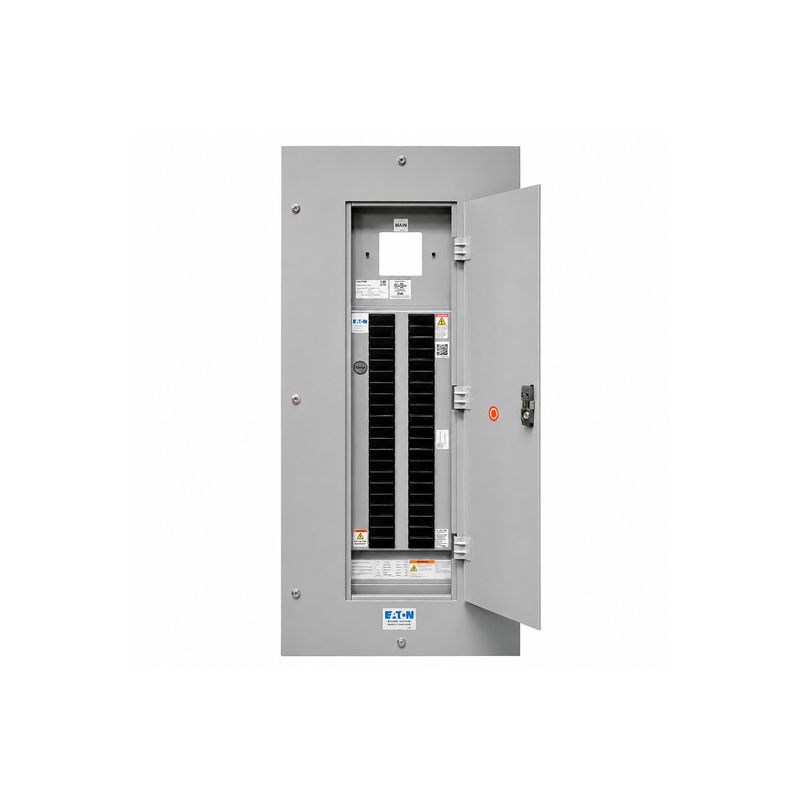Tablero tipo PRL1X monofásico 42 circuitos 225A PD2 empotrar Eaton, frente abierto que muestra el interior y la puerta