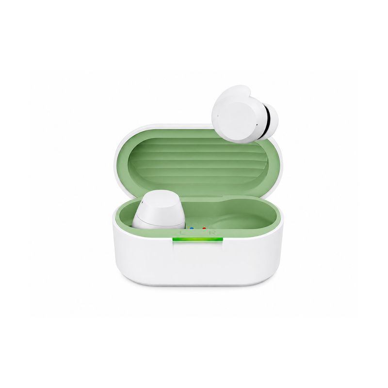 Audífonos wireless bluetooth BudsLite LG, estuche de carga blanco abierto con interior verde y un auricular colocado arriba
