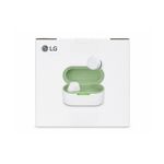 Audífonos wireless Bluetooth BudsLite LG, en su empaque blanco con el estuche de carga abierto y un auricular fuera