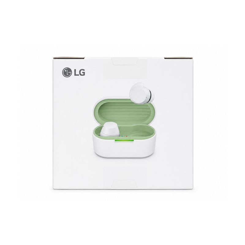 Audífonos wireless Bluetooth BudsLite LG, en su empaque blanco con el estuche de carga abierto y un auricular fuera