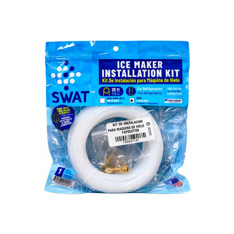 Kit de instalación para máquina de hielo Sinsa, empaque plástico con manguera blanca y conectores metálicos