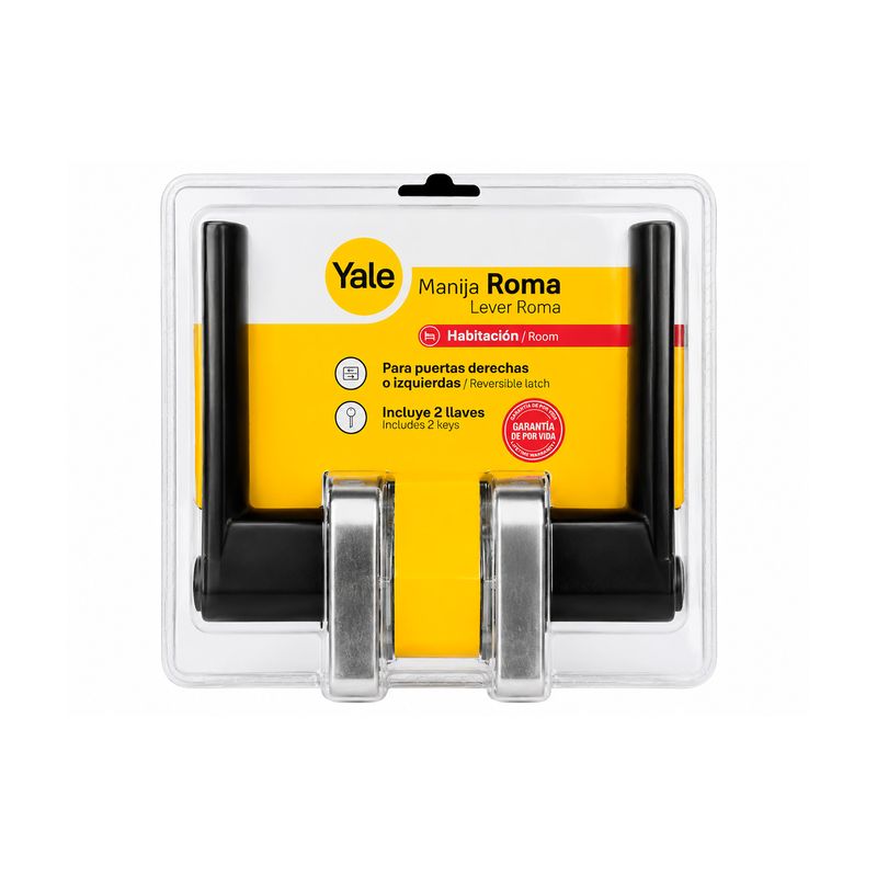 Cerradura manecilla entrada Roma negro mate Yale, vista frontal en empaque plástico transparente con tarjeta amarilla