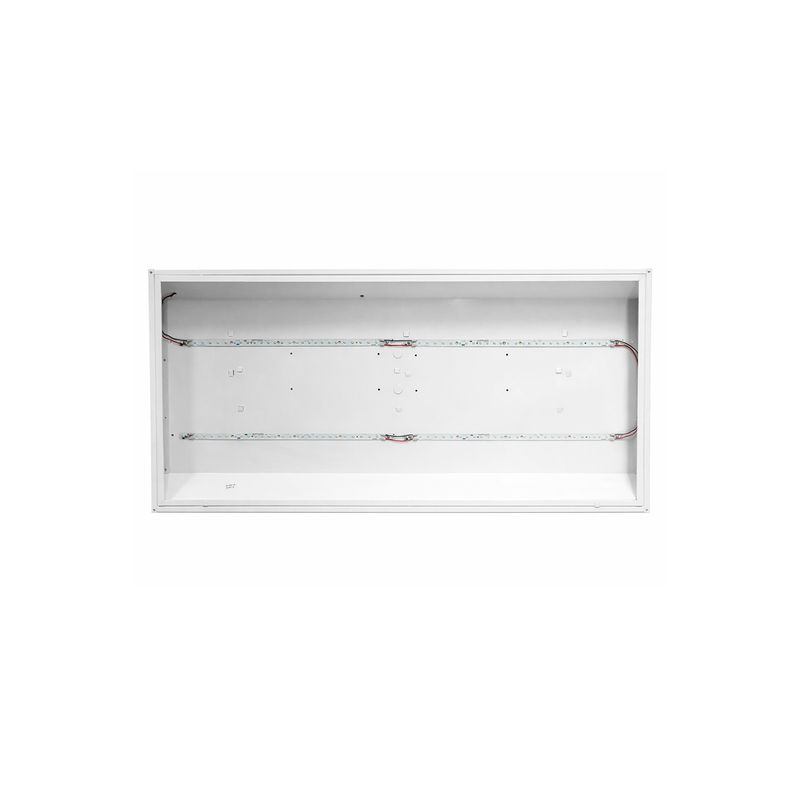 Luminaria LED Troffer 2x4 48 W 6000 lm 4000 K Ilukon, vista frontal del chasis blanco con tiras LED internas