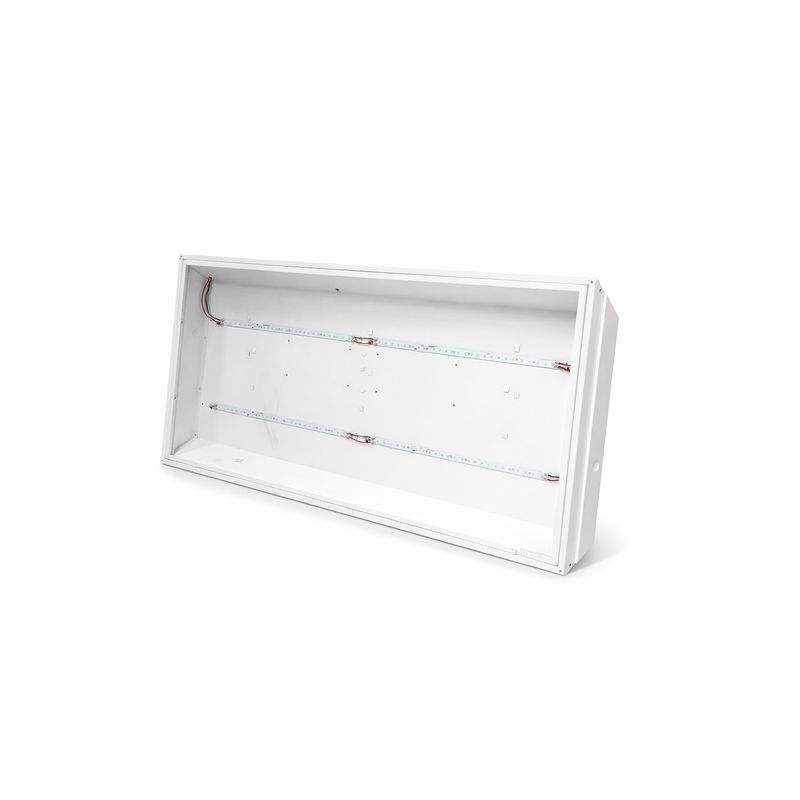 Luminaria LED Troffer 2x4 pies 48 W 6000 lm 4000 K Ilukon, vista posterior del chasis blanco con tiras LED internas
