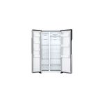 Refrigerador Inverter 519 L Side by Side sin dispensador LG Multi Air Flow acero pulido, abierto mostrando el interior blanco