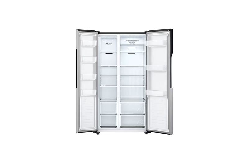 Refrigerador Inverter 519 L Side by Side sin dispensador LG Multi Air Flow acero pulido, abierto mostrando el interior blanco
