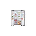 Refrigerador inverter 519 L side by side sin dispensador LG acero pulido, abierto mostrando el interior con alimentos