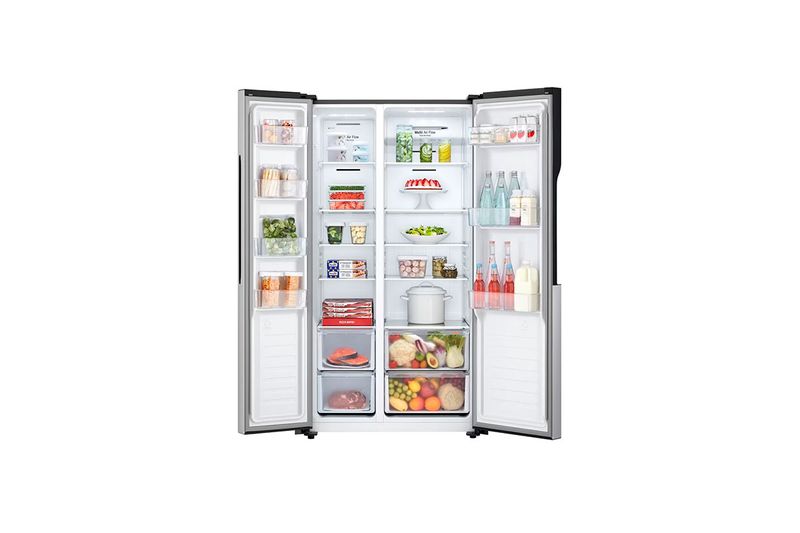 Refrigerador inverter 519 L side by side sin dispensador LG acero pulido, abierto mostrando el interior con alimentos