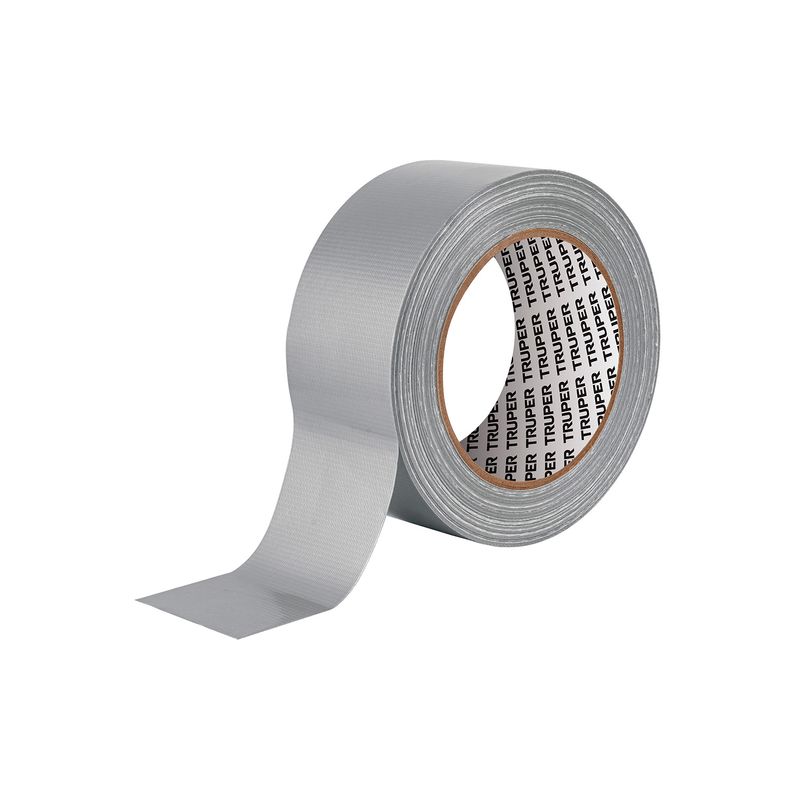 Cinta tape ducto 2 pulgadas x 30 metros gris Truper, rollo de cinta gris con el nombre de la marca en el núcleo