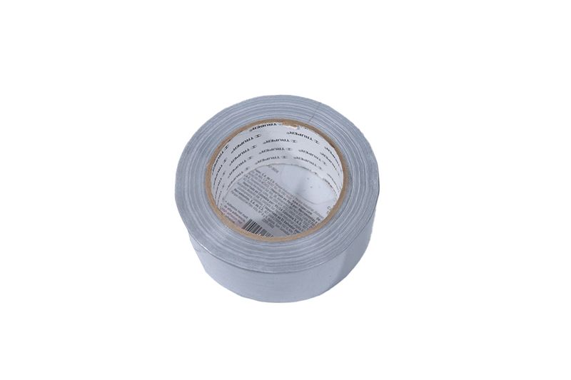 Cinta tape ducto 2 pulgadas x 30 metros gris Truper, vista frontal del rollo mostrando el núcleo interno blanco
