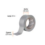 Cinta tape ducto 2 pulgadas x 30 m gris Truper, gráfico con indicaciones de ancho, largo y espesor