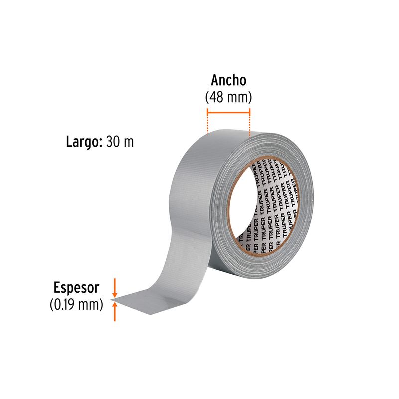 Cinta tape ducto 2 pulgadas x 30 m gris Truper, gráfico con indicaciones de ancho, largo y espesor
