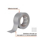 Cinta tape ducto 2 pulgadas x 30 metros gris Truper, esquema técnico con detalles del adhesivo y el polietileno reforzado