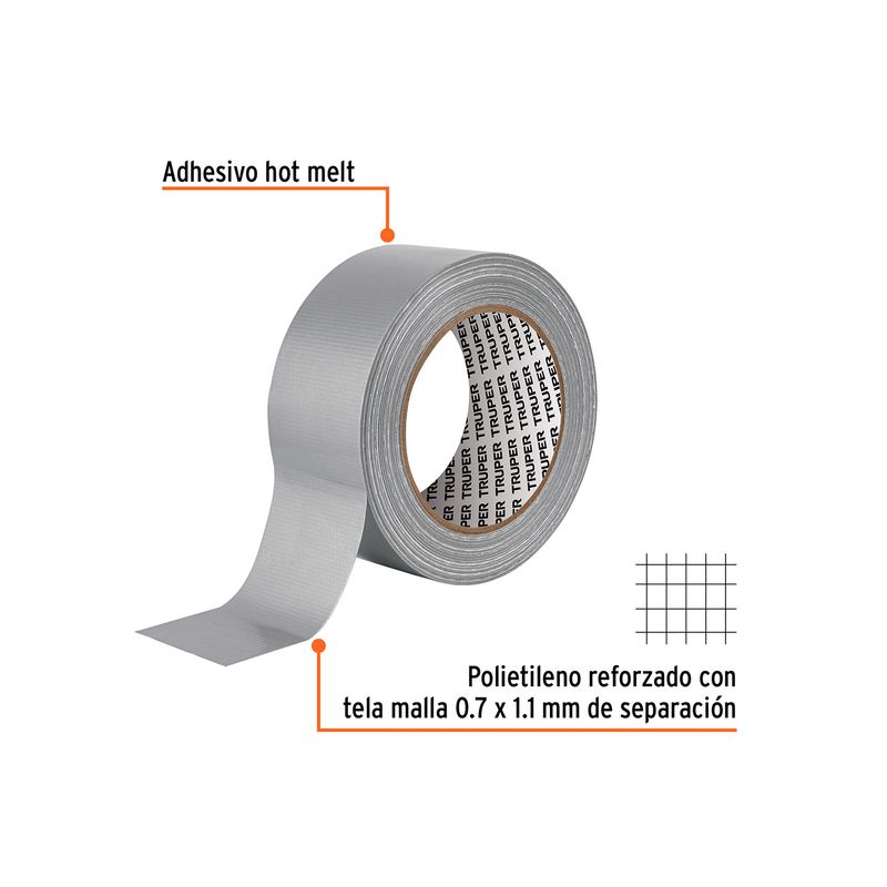 Cinta tape ducto 2 pulgadas x 30 metros gris Truper, esquema técnico con detalles del adhesivo y el polietileno reforzado