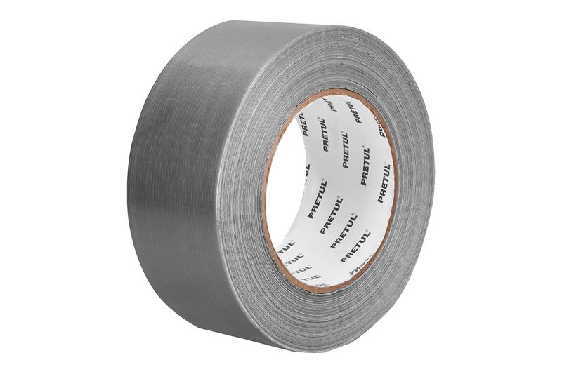 Cinta tape para ducto Pretul de 2 pulgadas x 50 metros gris, rollo visto de frente sobre fondo blanco