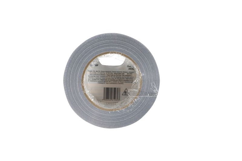 Cinta tape para ducto Pretul de 2 pulgadas x 50 metros gris, vista frontal del rollo envuelto en plástico transparente