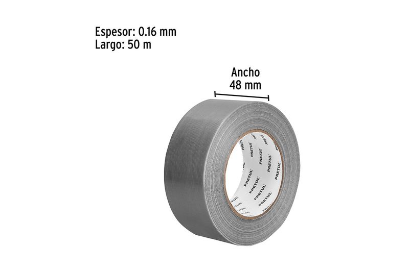 Cinta tape para ducto Pretul de 2 pulgadas x 50 metros gris, gráfico con medidas de espesor, largo y ancho