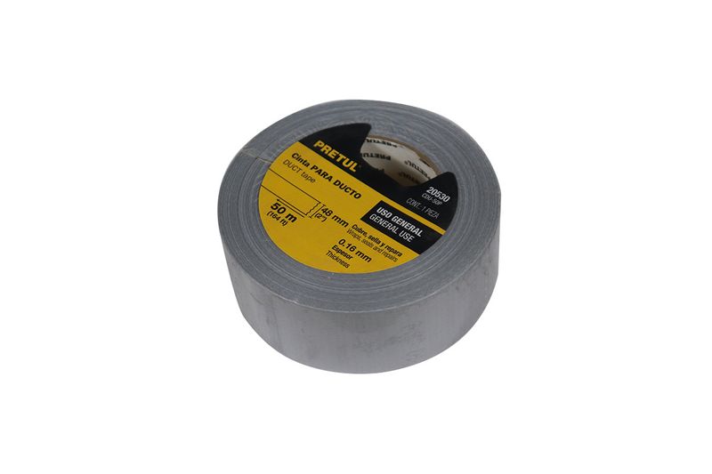 Cinta tape para ducto Pretul de 2 pulgadas x 50 mts gris, vista frontal del rollo destacando la etiqueta amarilla