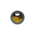 Cinta tape para ducto Pretul de 2 pulgadas x 50 metros gris, vista frontal del rollo con etiqueta amarilla y negra