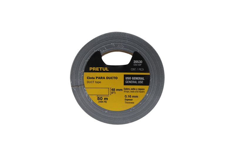 Cinta tape para ducto Pretul de 2 pulgadas x 50 metros gris, vista frontal del rollo con etiqueta amarilla y negra
