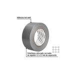 Cinta tape para ducto Pretul de 2 pulgadas x 50 metros gris, infografía con detalles del adhesivo y la malla de refuerzo