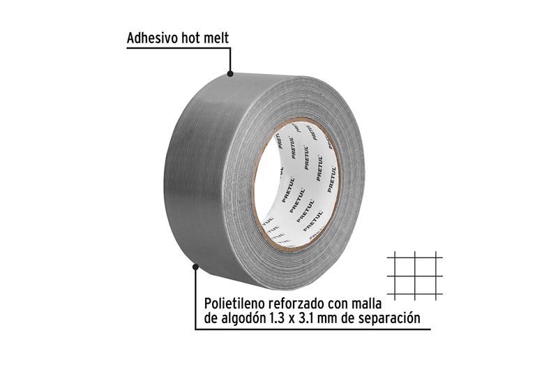 Cinta tape para ducto Pretul de 2 pulgadas x 50 metros gris, infografía con detalles del adhesivo y la malla de refuerzo