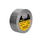 Cinta tape para ducto Pretul de 2 pulgadas x 50 metros gris, vista lateral del rollo con etiqueta amarilla