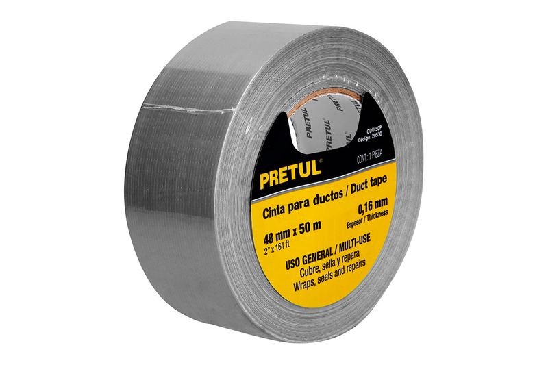 Cinta tape para ducto Pretul de 2 pulgadas x 50 metros gris, vista lateral del rollo con etiqueta amarilla