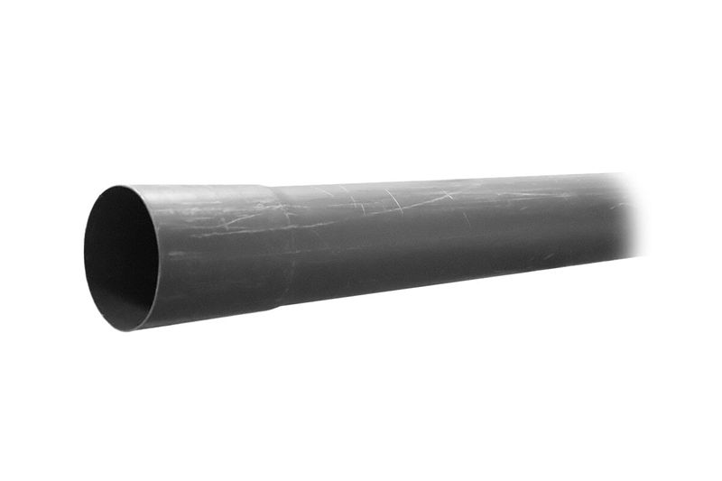Tubo PVC sanitario 6 mts SDR 41 6 pulgadas 100 PSI Durman, vista lateral del tubo gris oscuro con enfoque en el extremo