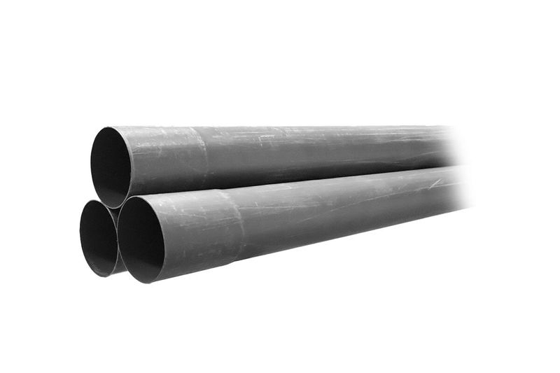 Tubo PVC sanitario 6 metros SDR 41 6 pulgadas 100 PSI Durman, tres tubos grises apilados en perspectiva