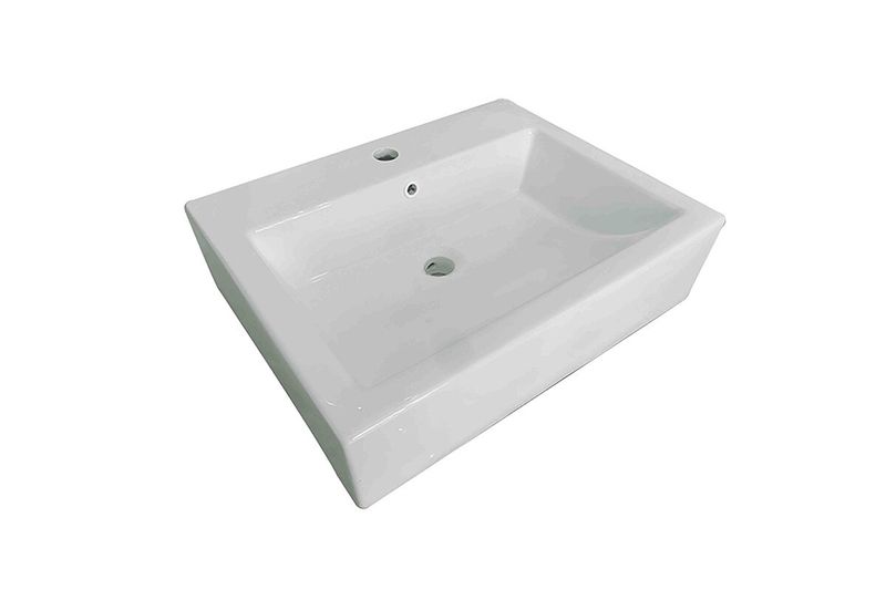 Lavamanos blanco de sobreponer cuadrado 57.50 cm x 46 cm Oakbrook Collection, vista diagonal superior del sanitario