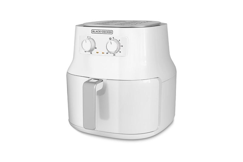 Freidora de aire grande 3.5 lts blanca Black+Decker, vista frontal del equipo con perillas de control y asa