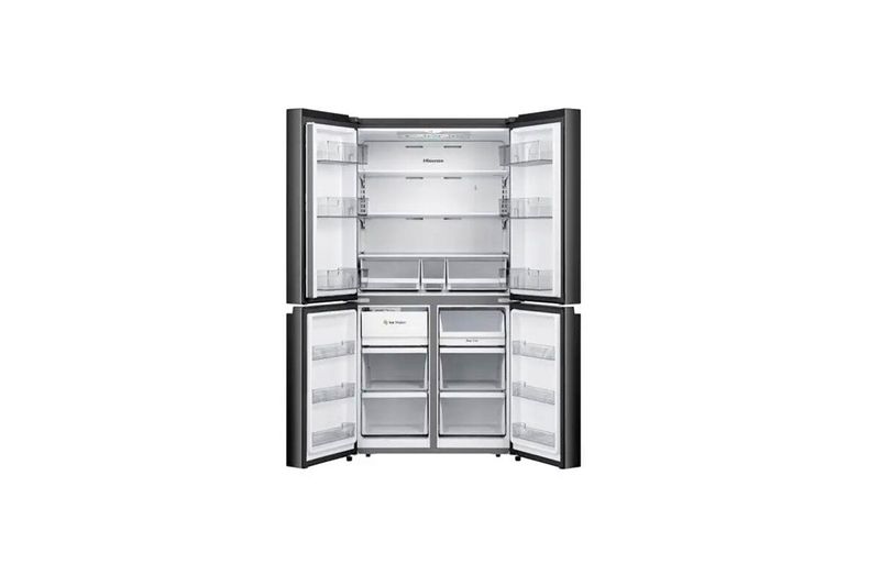 Refrigerador inverter cross door sin dispensador 594 L negra Hisense, vista frontal con todas las puertas abiertas