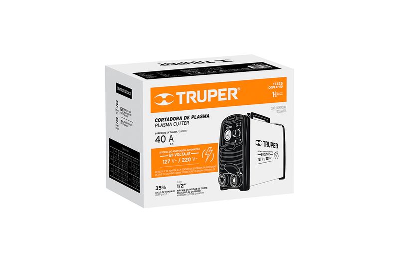 Cortador de plasma Truper de 40 amp y 110/220 V con accesorios, vista frontal de la caja con ilustración del equipo