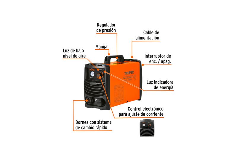 Cortador de plasma Truper de 40 amp y 110/220V con accesorios, infografía con flechas señalando las partes del equipo