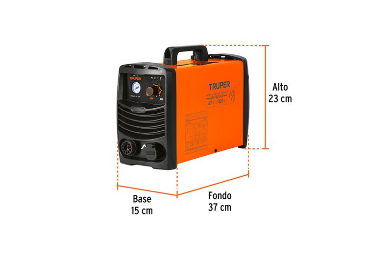 Cortador de plasma Truper de 40 amp y 110/220 V, gráfico con dimensiones de alto 23 cm, fondo 37 cm y base 15 cm