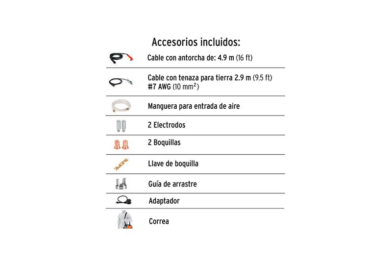 Cortador de plasma Truper de 40 amp y 110/220 V con accesorios, gráfico con lista y fotos de los accesorios incluidos