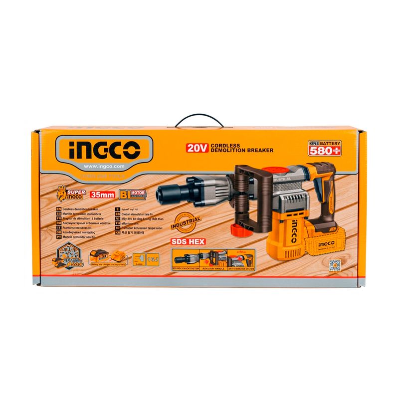Martillo demoledor inalámbrico SDS Hex Brushless 20V 16J Ingco, caja de cartón con ilustración del equipo y especificaciones