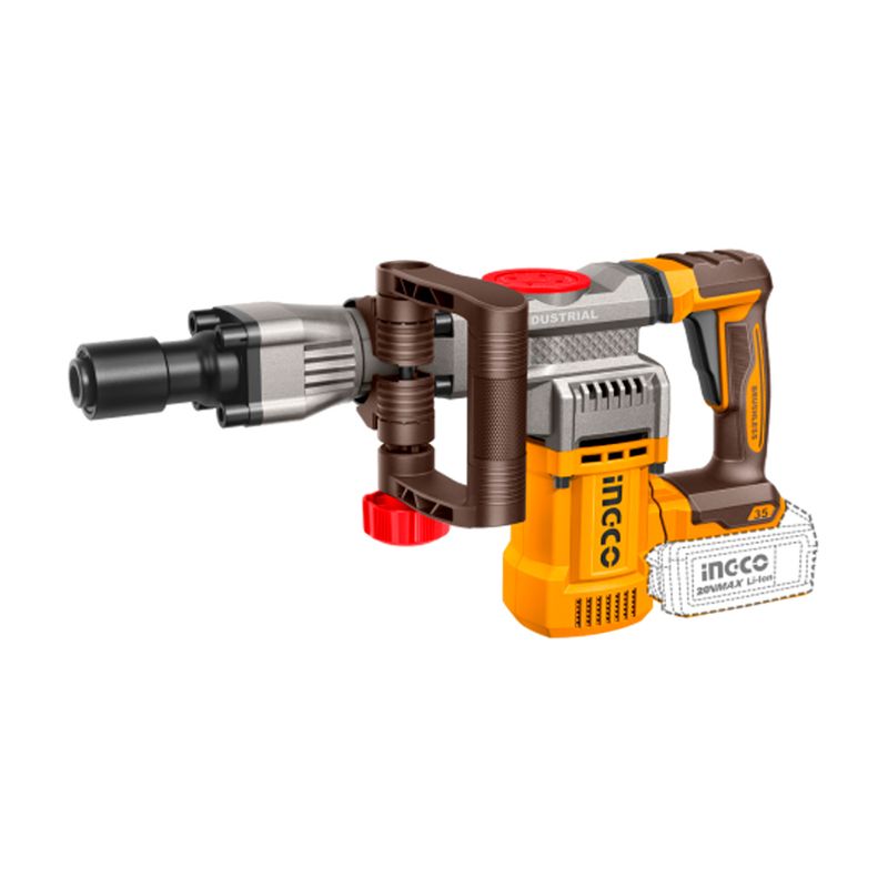 Martillo demoledor inalámbrico SDS Hex Brushless 20V 16J Ingco, vista lateral de la herramienta en color naranja y gris