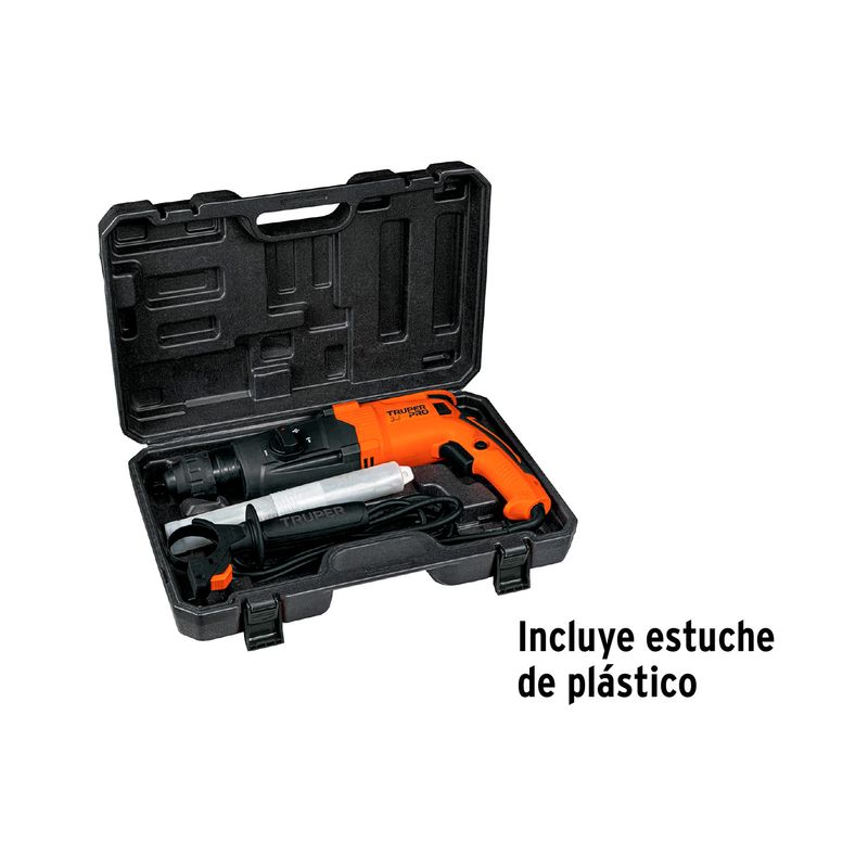 Rotomartillo SDS Plus eléctrico 3.2 Joules 800 W 1-1/8 Truper, equipo naranja dentro de su estuche de plástico negro abierto