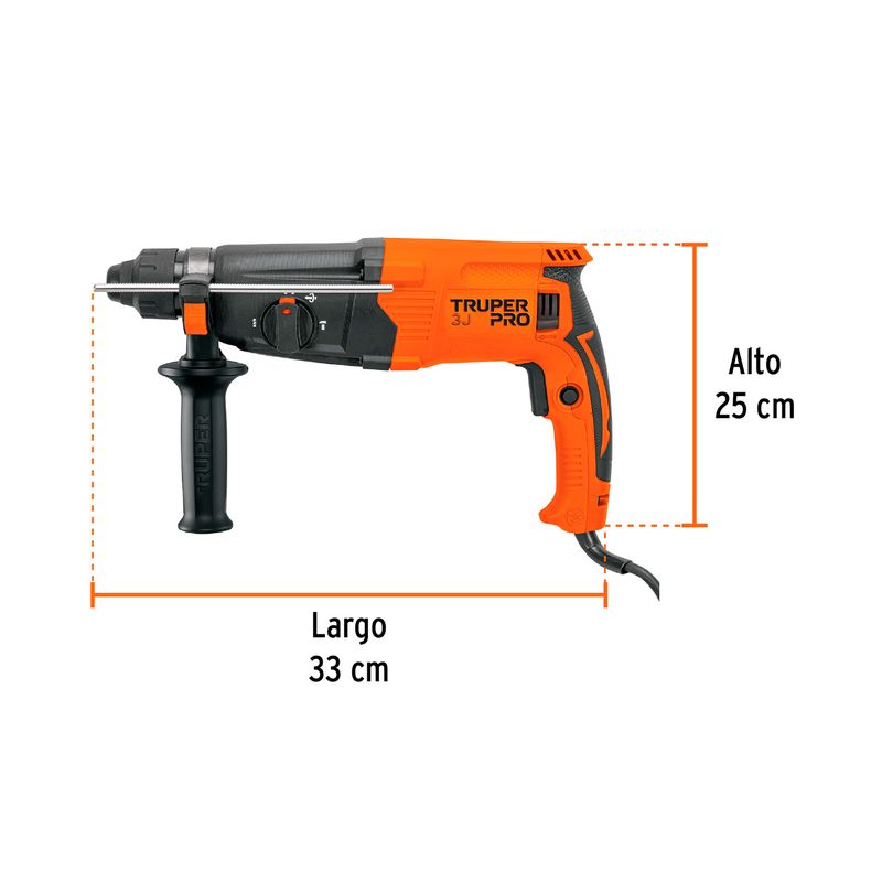 Rotomartillo SDS Plus eléctrico 3.2 Joules 800 W 1-1/8 Truper, gráfico con medidas de largo 33 cm y alto 25 cm