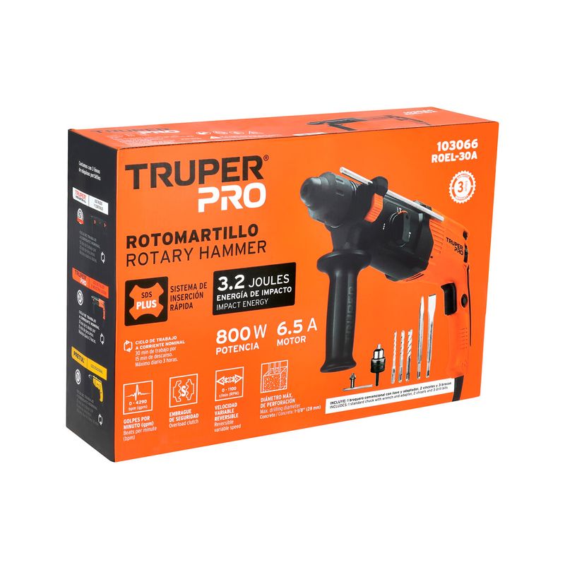 Rotomartillo SDS Plus eléctrico Truper de 3.2 Joules, 800 W y 1-1/8 pulgadas, en su caja con especificaciones técnicas