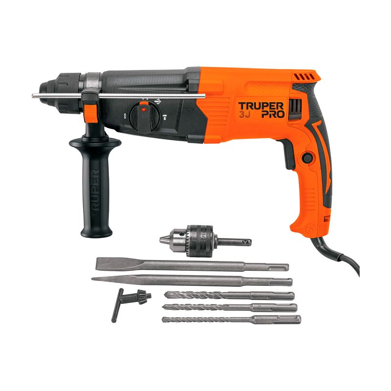 Rotomartillo SDS Plus eléctrico Truper de 3.2 Joules, 800 W y 1-1/8 pulgadas, color naranja y negro con kit de brocas