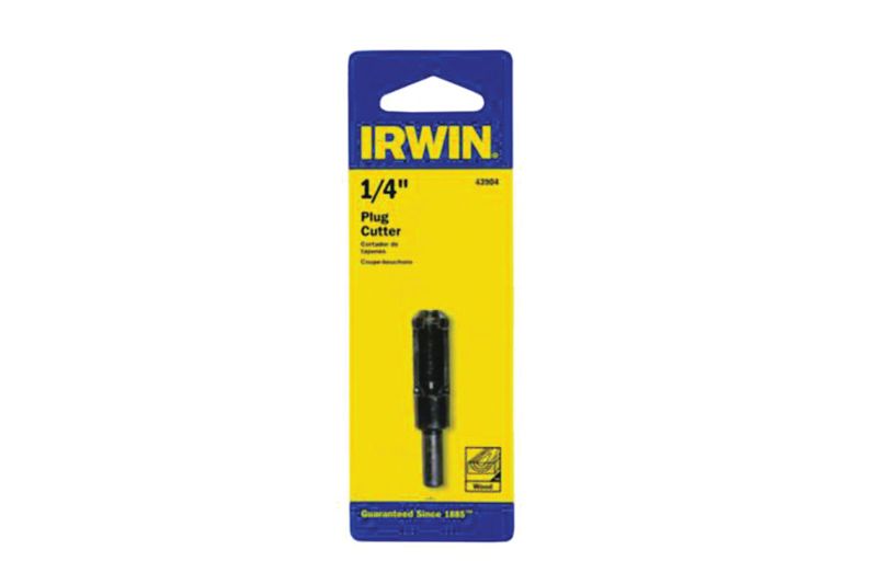Cortador de tarugos Irwin de 1/4 pulgadas, herramienta negra en su empaque amarillo y azul