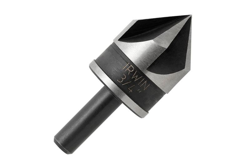Broca avellanador Irwin de 3/4 pulgadas para metal y madera, vista lateral con grabado de marca y medida en el cuerpo